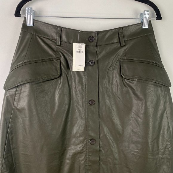 Banana Republic Vegan Leather Midi Skirt Size 4 Button Front Green Pockets - Picture 2 of 11